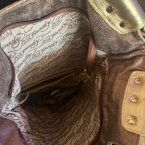 Ed Hardy shoulder bag. Gold with roses and hearts on front and back